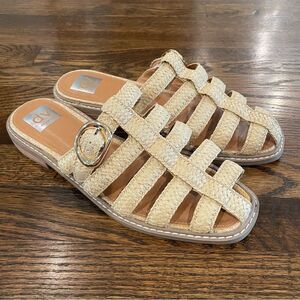 DOLCE VITA Fyona Straw Raffia Gold Buckle Mule Sandals